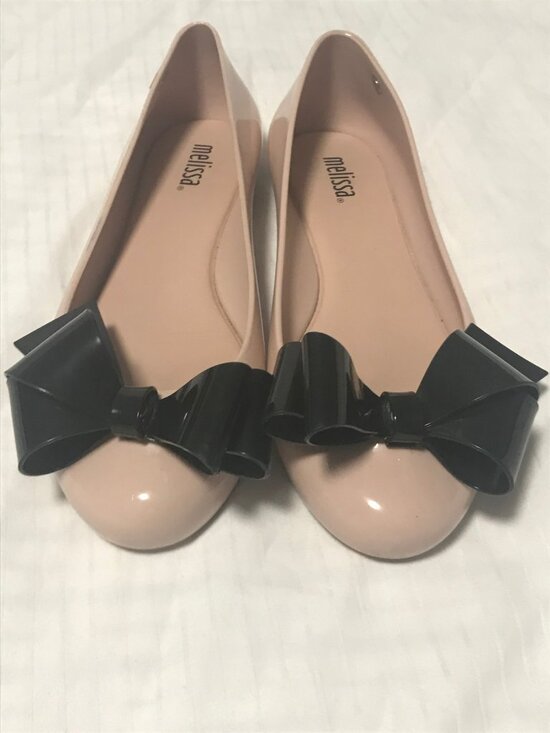 Melissa Shoes - Melissa Beige Nude Jelly Rubber Ballerina Flats with Black Bow 6